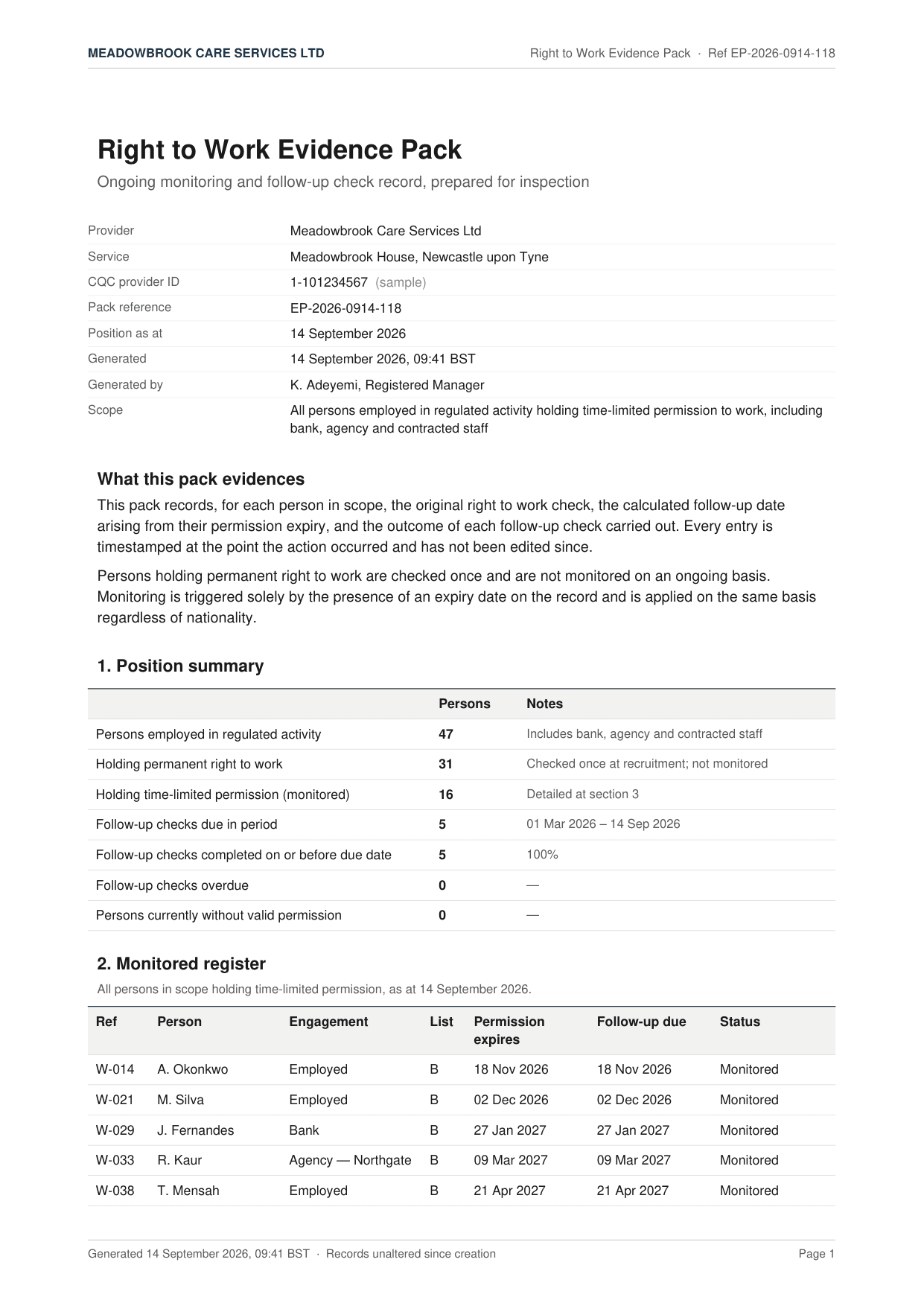 Sample evidence pack, page 1: Summary